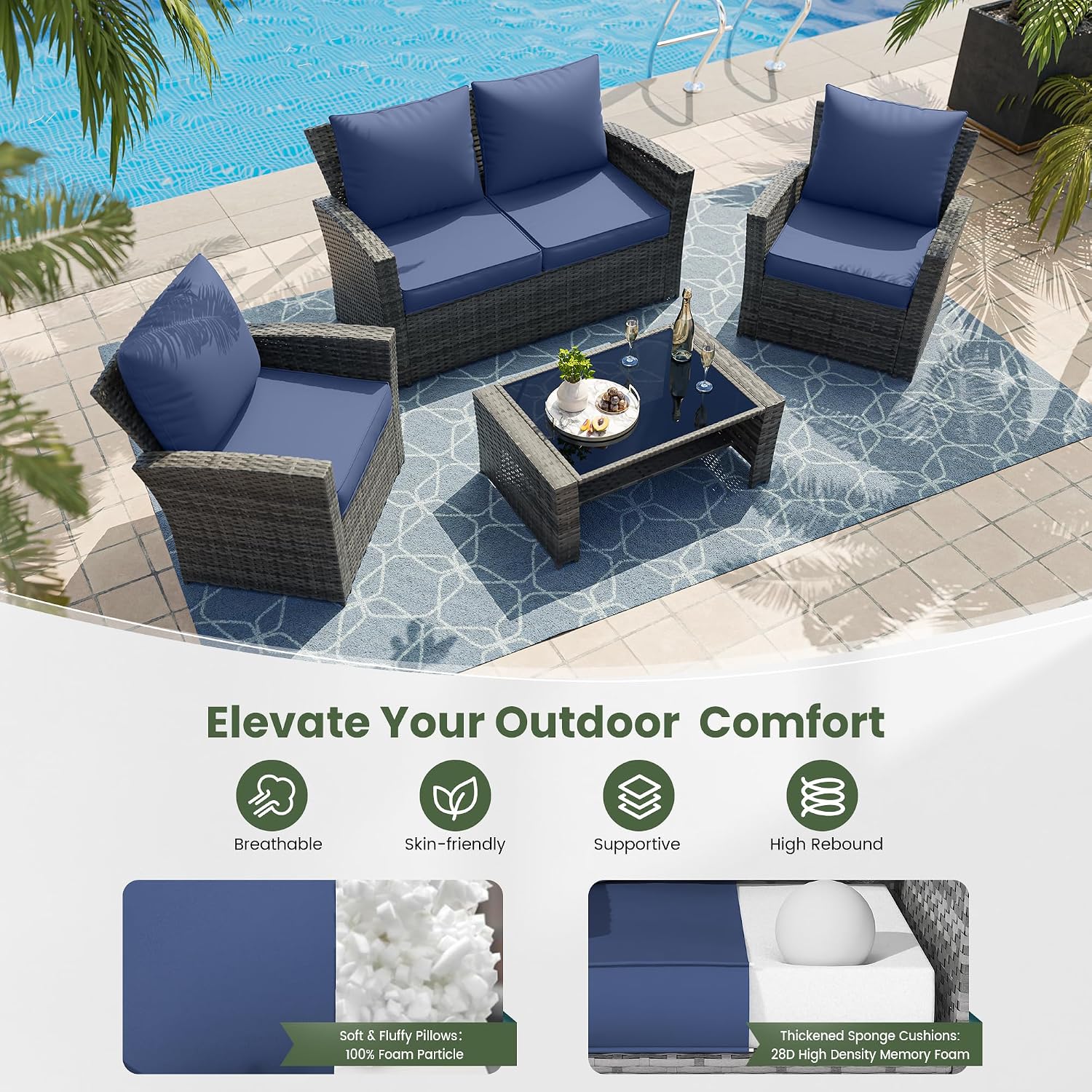 Navy Waterproof Patio Chair Cushion Set